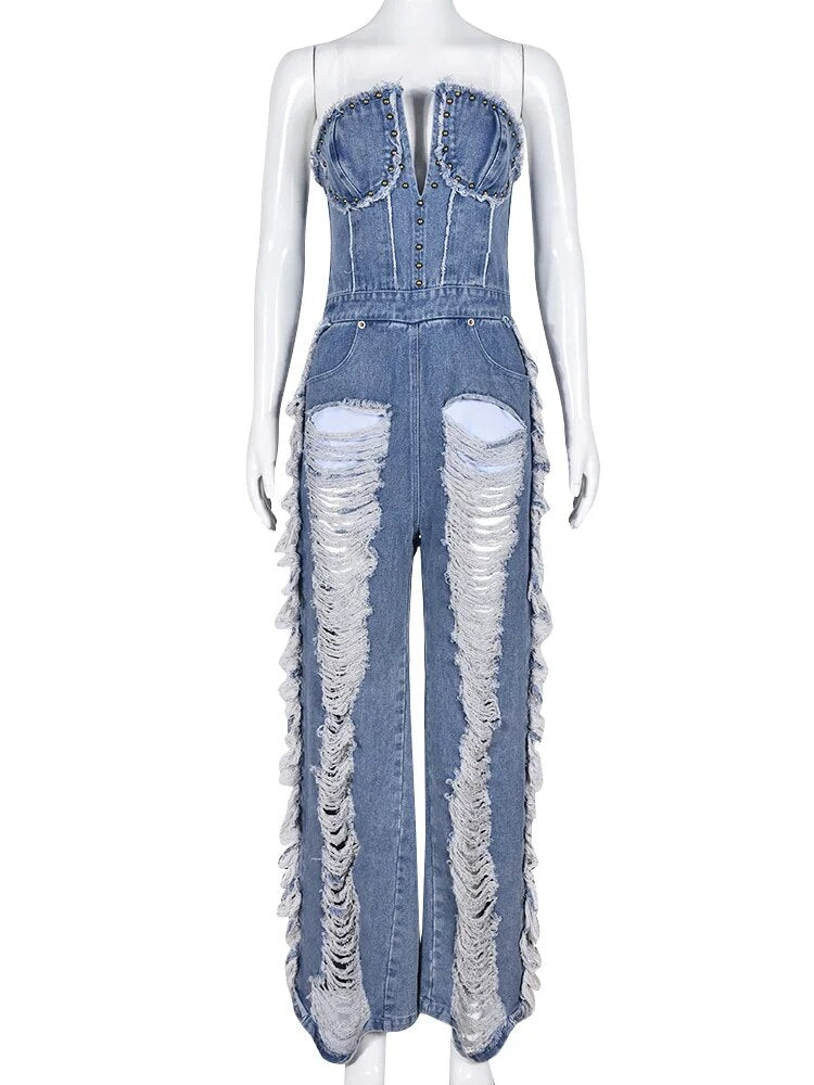 Douce - Denim Jumpsuit Met Open Schouder Voor Dames.