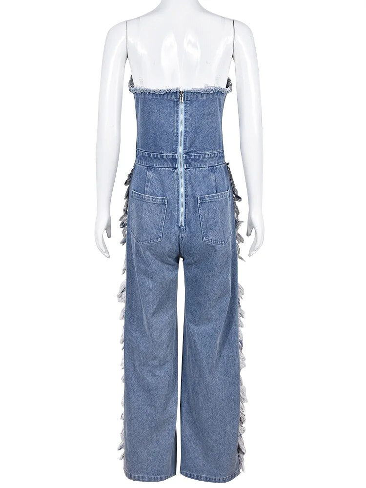 Douce - Denim Jumpsuit Met Open Schouder Voor Dames.