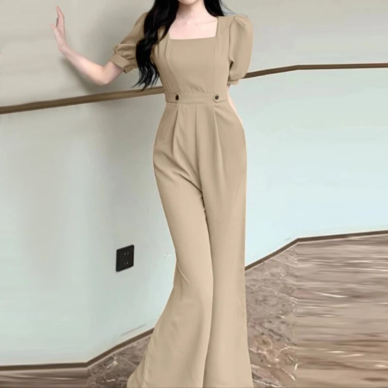 Urie - Vrouwen Elegant Puff Mouw Breed Pijp Geplooid Jumpsuit