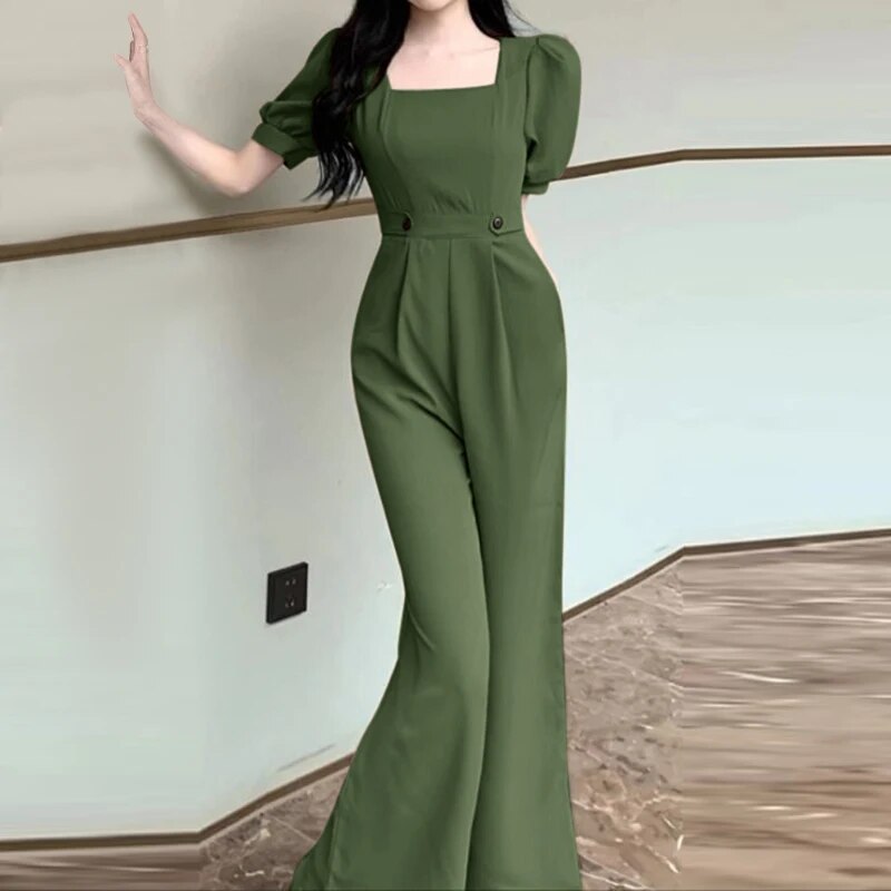 Urie - Vrouwen Elegant Puff Mouw Breed Pijp Geplooid Jumpsuit