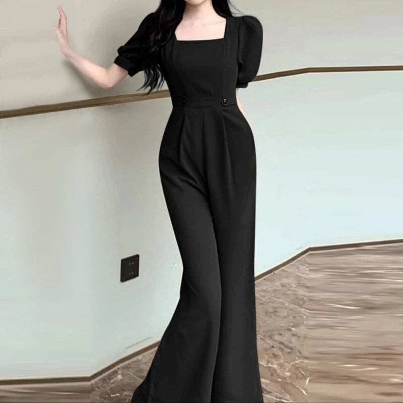 Urie - Vrouwen Elegant Puff Mouw Breed Pijp Geplooid Jumpsuit