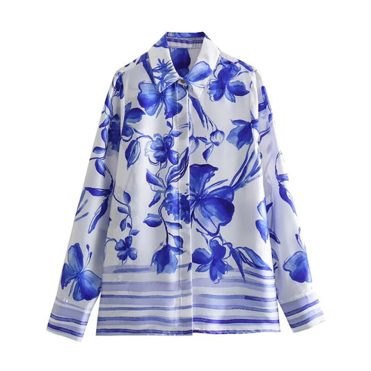 Myra  - Satijnen Zijden Blouse met Bloemenprint