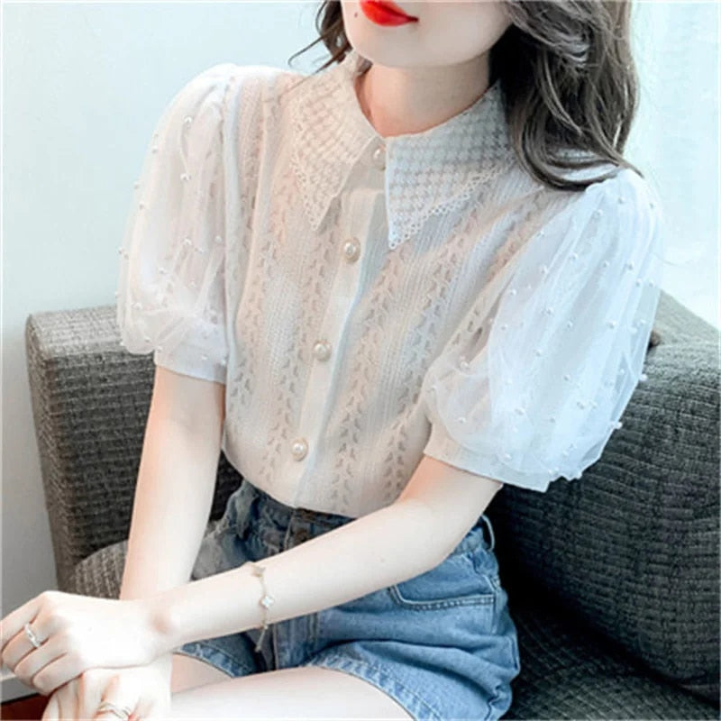 Ivonne - Vrouwen Mesh Parel Kralen Blouse