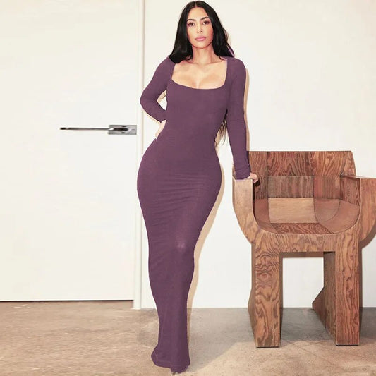 Tolina - Vrouwen Lang Mouwen Vierkant Hals Gebreide Bodycon Maxi Jurk