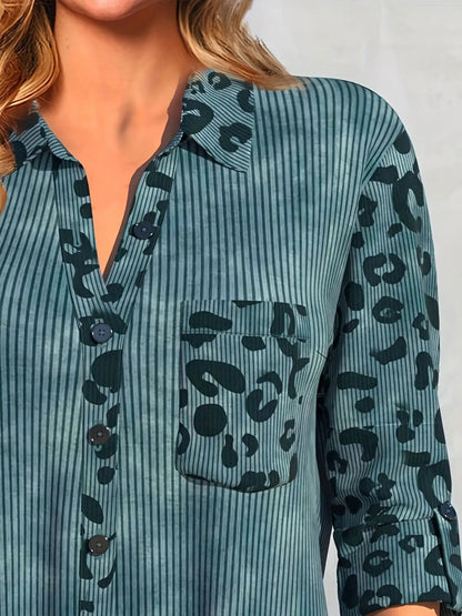 Calliope - Dames Luipaardprint Geribbelde Blouse met Knopen