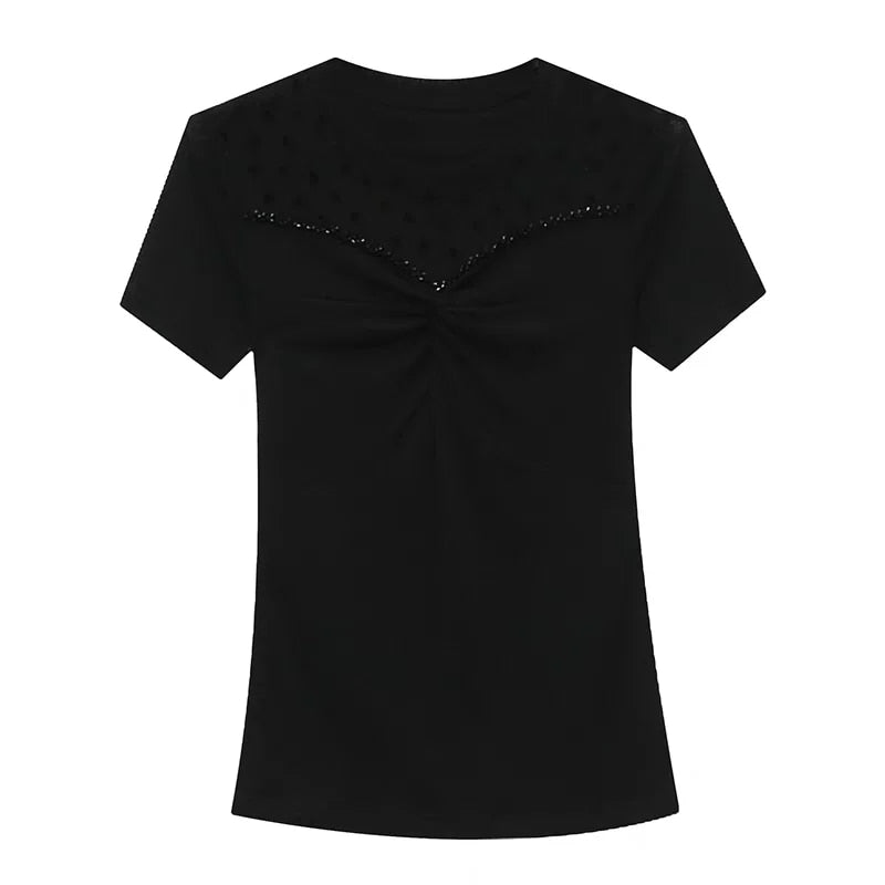 Dielle - Zwarte Mesh T-Shirt met Uitgeholde O-hals