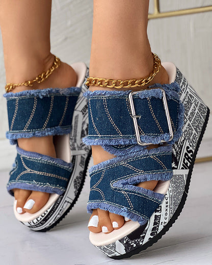 Xania - Vrouwen Krant Wig Hak Gesp Bandje Denim Sandalen