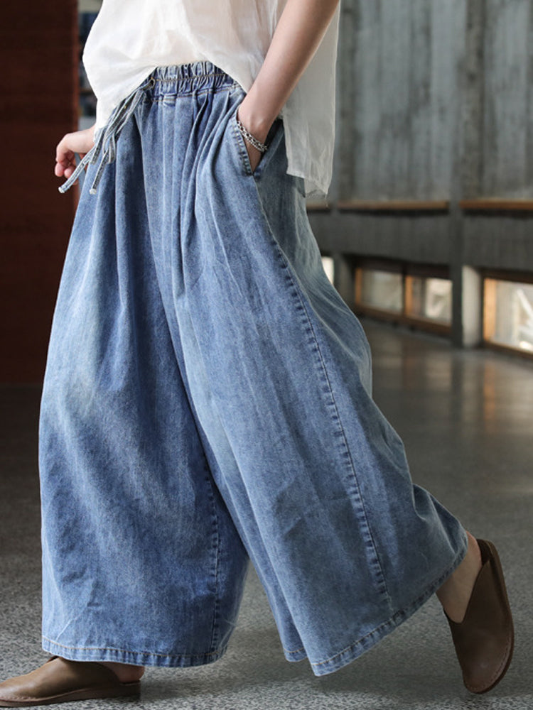 Feike - Vrouwen Elastisch Taille met Trekkoord Los Denim Broek