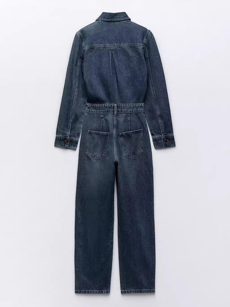 Queeny - Vrouwen Stijlvol Lang Mouwen Denim Jumpsuit