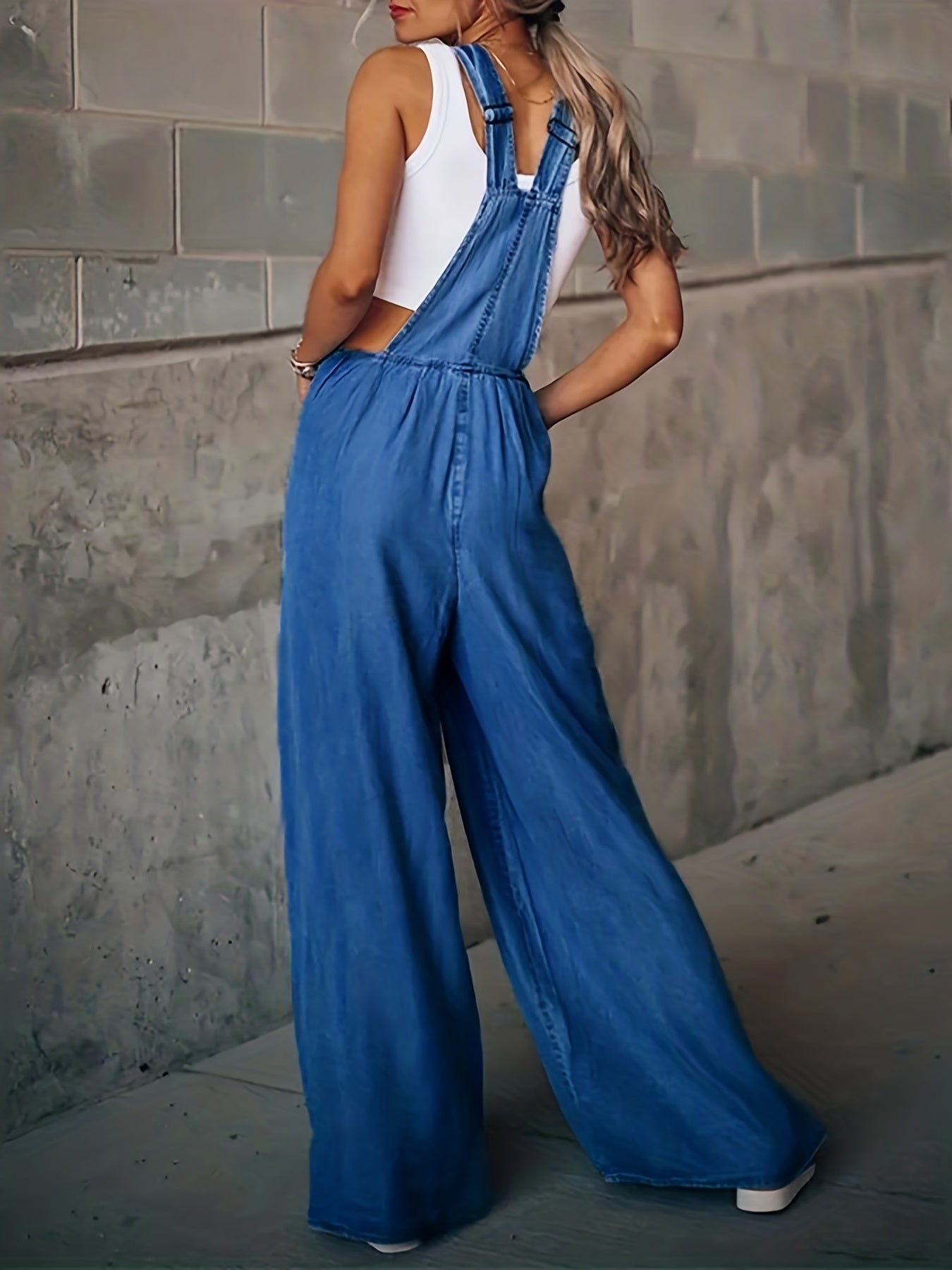 Hallie - Vrouwen Wijd Been Gescheurd Gesp Denim Jumpsuit