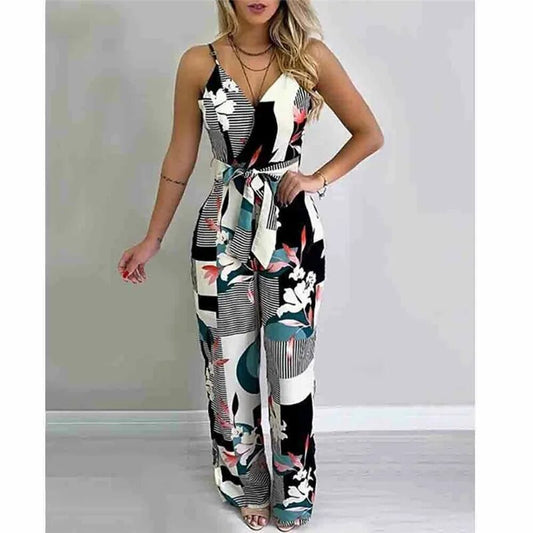 Undine - Vrouwen Spaghetti Band Bloemen Gestreept Stropdas Taille Jumpsuit