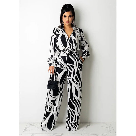 Selima - Vrouwen Breed Been Lang Mouwen Golvend Gestreept Jumpsuit