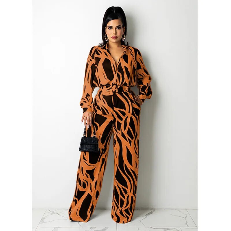 Selima - Vrouwen Breed Been Lang Mouwen Golvend Gestreept Jumpsuit