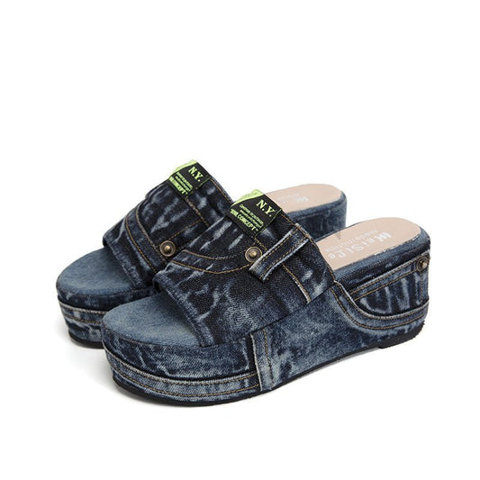 Jacomien - Vrouwen Dik Zool Peep-Teen Denim Sandalen