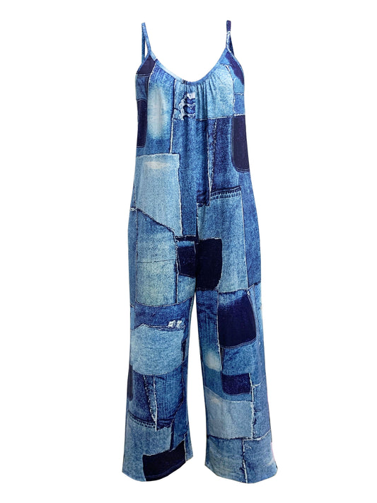 Silvia - Vrouwen Los Patchwork Denim Jumpsuit