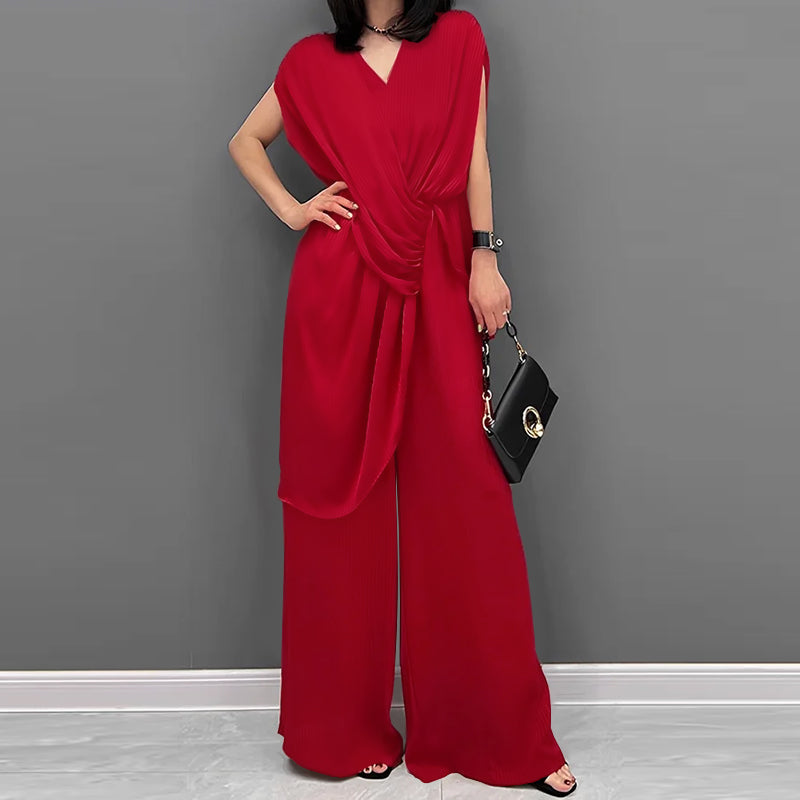 Endeline - Vrouwen Elegante Drop Schouder Mouw Drapeer Jumpsuit