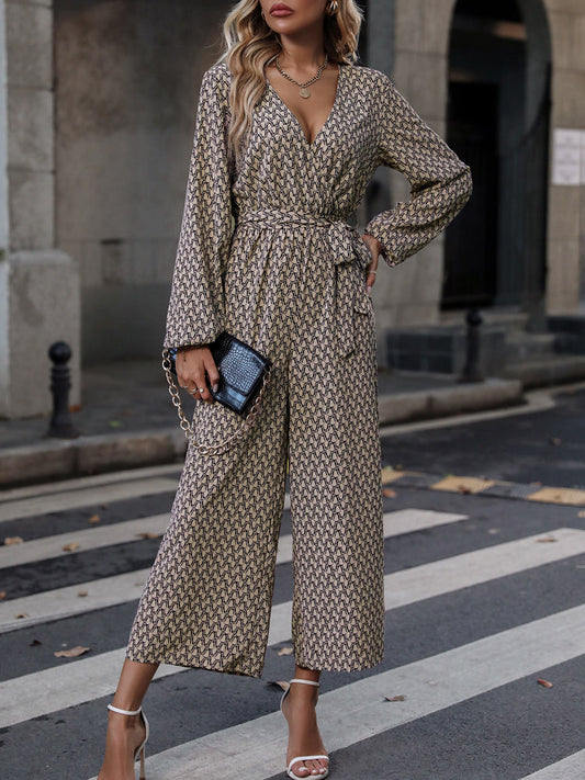 Duveke - Vrouwen Enkel Lengte Geometrische Jumpsuit met Taille Stropdas