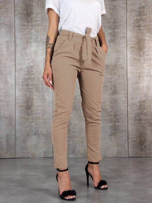 Blanka - Elastisch Taille Slank Chiffon Broek met Taille Stropdas