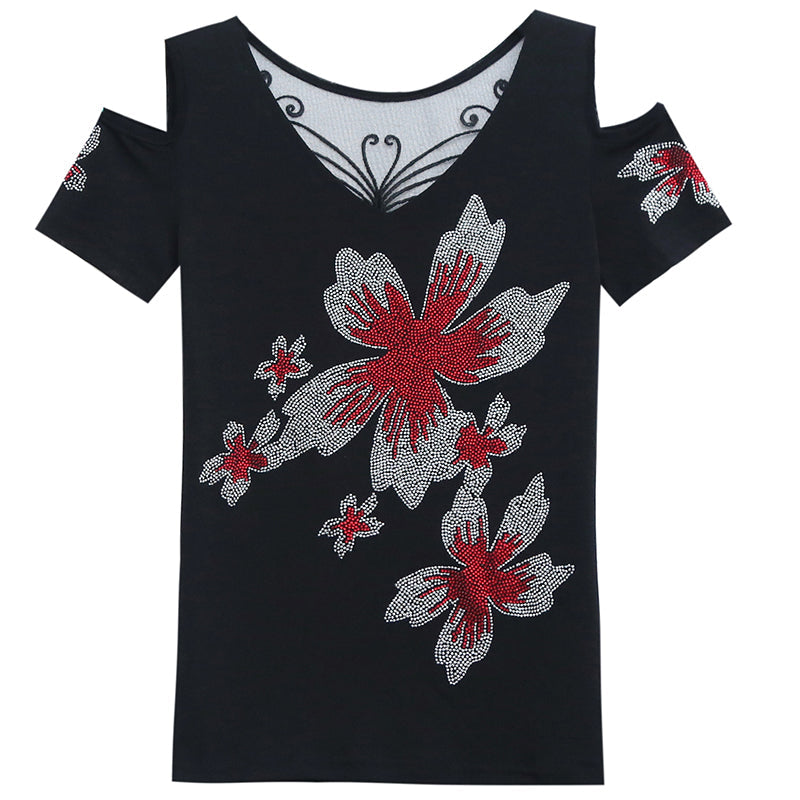 Gwenda - Vrouwen Open Schouder Diamanten Verfraai Bloem Shirt