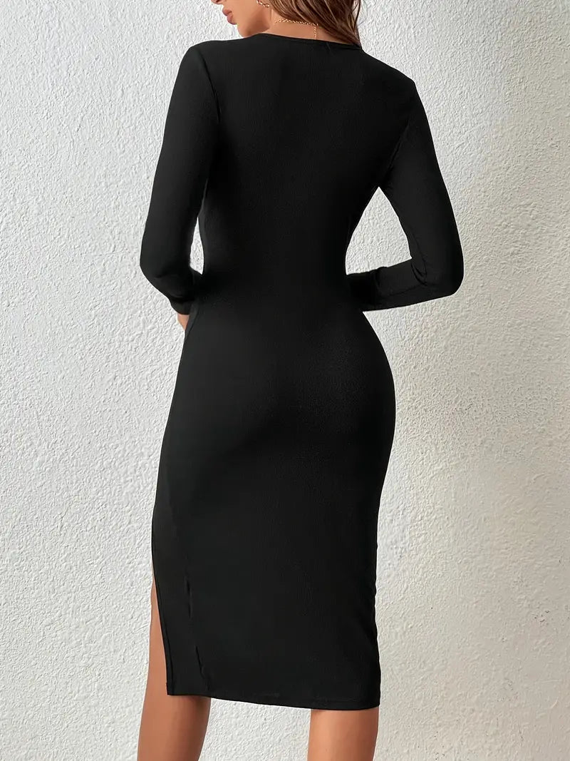 Annabelle - Bodycon Effen Sexy Split Lange Mouw Cocktailjurk