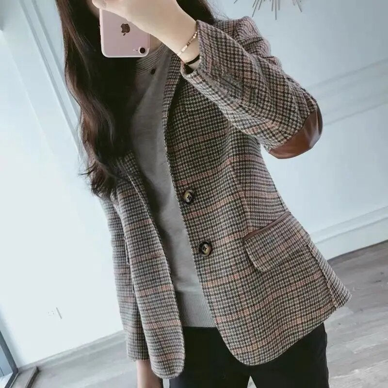 Jenine - Stijlvolle Geruite Blazer met Elleboogpatches