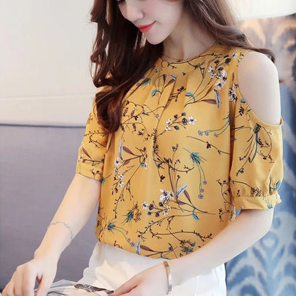 Fanette - Chiffon Bloemenprint Off-Shoulder Blouse